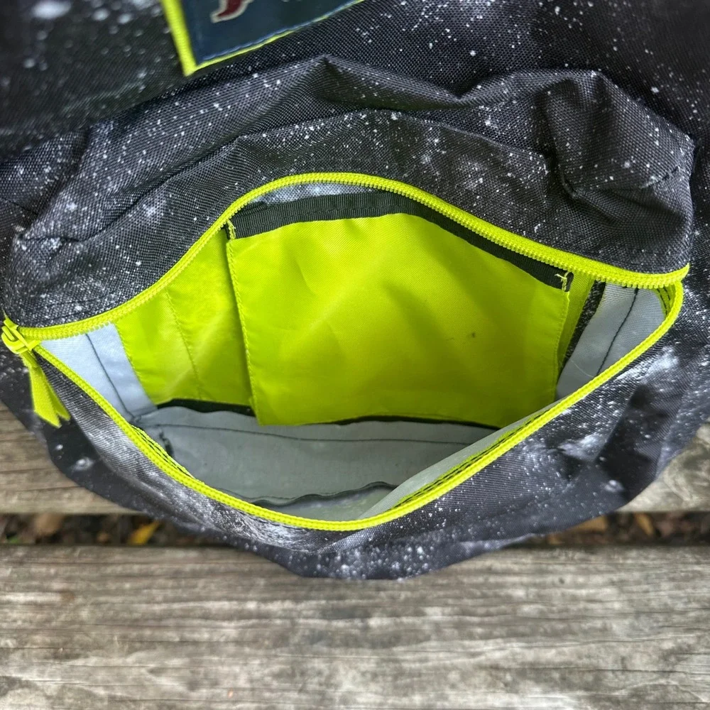 Jansport SuperBreak Backpack Black Galaxy Space Print Neon Green Accents Classic